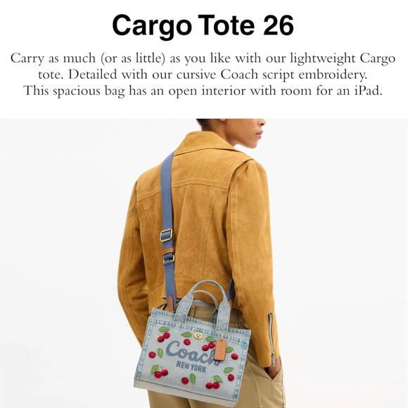 NWT Cherry Embroidered Denim Cargo Tote 26 In Original Packaging Cherries π - Picture 4 of 11